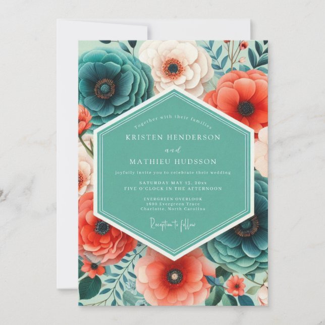 Invitación Coral Teal Bold Floral Wedding (Anverso)
