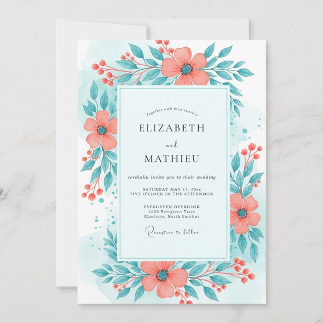 Invitación Coral Teal Bright Summer Wedding (Anverso)