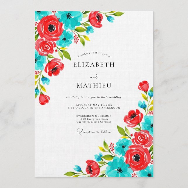 Invitación Coral & Teal Floral Whimsy Wedding (Anverso)
