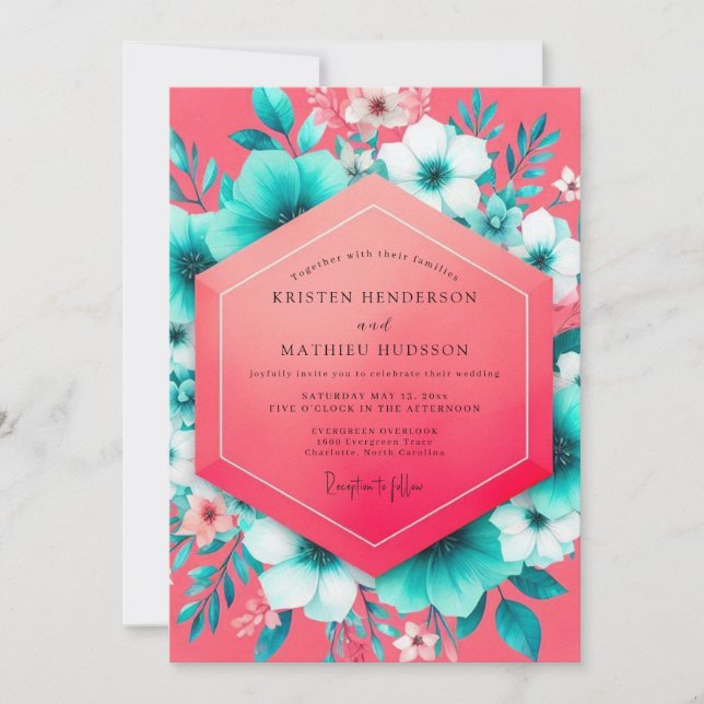 Invitación Coral Teal Floral Whimsy Wedding (Anverso)