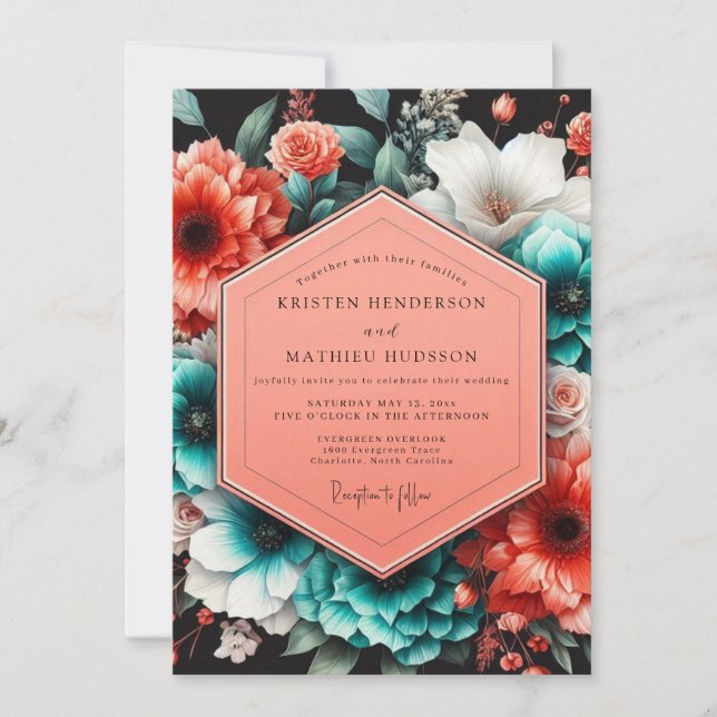 Invitación Coral Teal Nocturne Flora Wedding (Anverso)