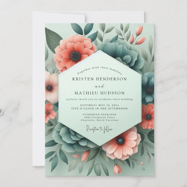 Invitación Coral Teal Somber Flora Wedding (Anverso)