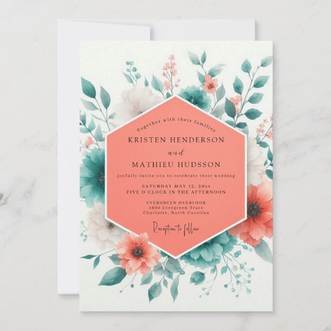 Invitación Coral Teal Spring Bloom Wedding (Anverso)