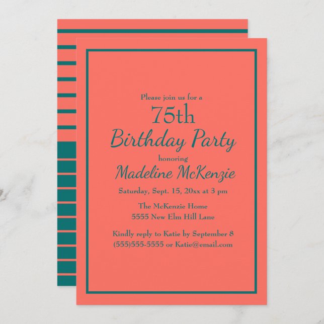 Invitación Coral Teal Striped 75th Birthday Party Invite (Anverso / Reverso)