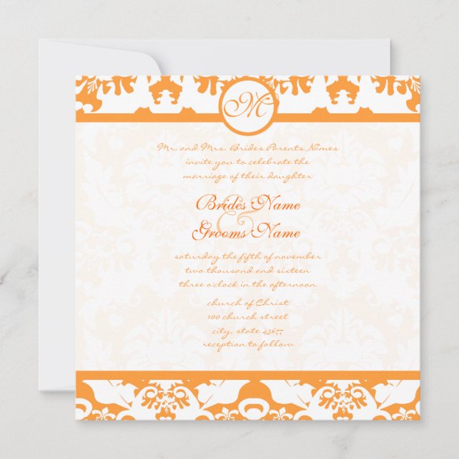 Invitación Coral Terracotta Naranja Damask Swirls Boda (Anverso)