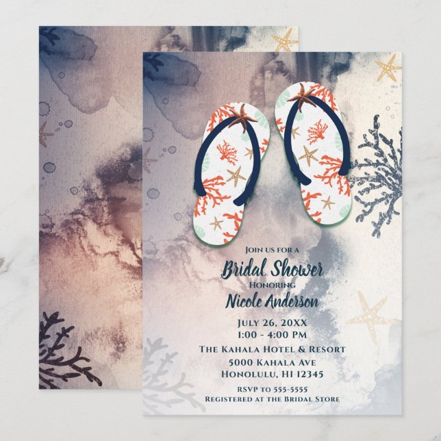 Invitación Coral Tropical Beach Flip Flops Bridal Shower (Anverso / Reverso)