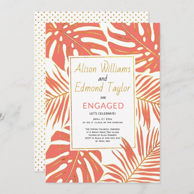 Invitación Coral tropical, fiesta de compromiso de las hojas  (Anverso / Reverso)