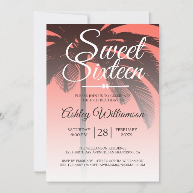 Invitación Coral Tropical Palm Tree Sweet 16 16th Birthday (Anverso)