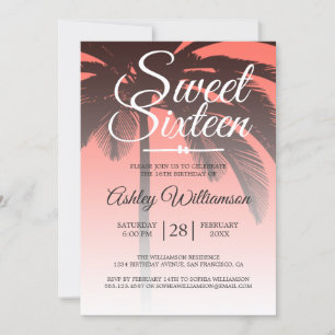 Invitación Coral Tropical Palm Tree Sweet 16 16th Birthday
