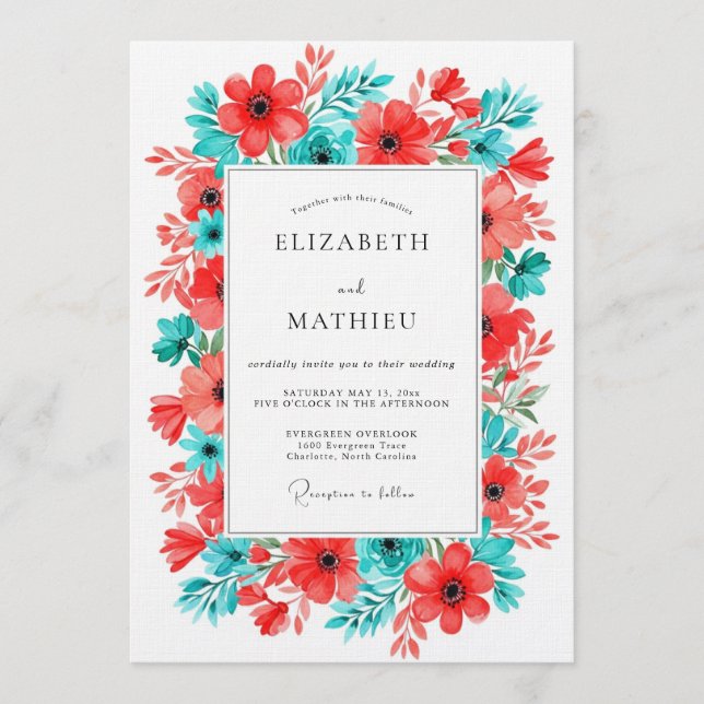 Invitación Coral Turquoise Floral Bloom Wedding (Anverso)