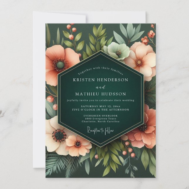 Invitación Coral Verdant Bloom Wedding (Anverso)