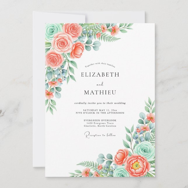Invitación Coral Verdant Blossom Wedding (Anverso)