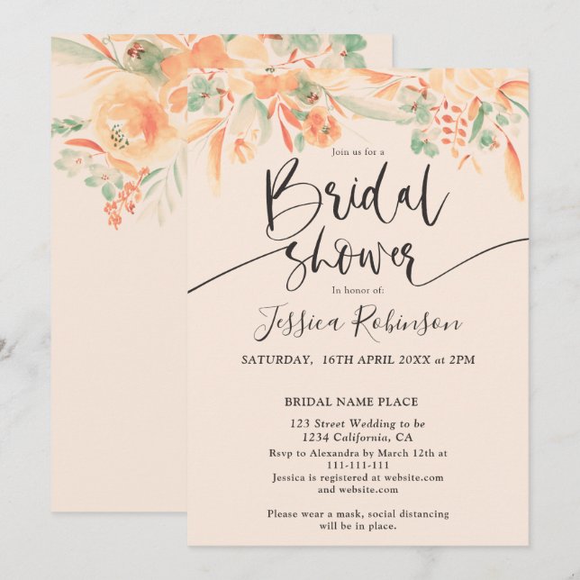 Invitación Coral verde floral acuarela boho ducha de novia (Anverso / Reverso)