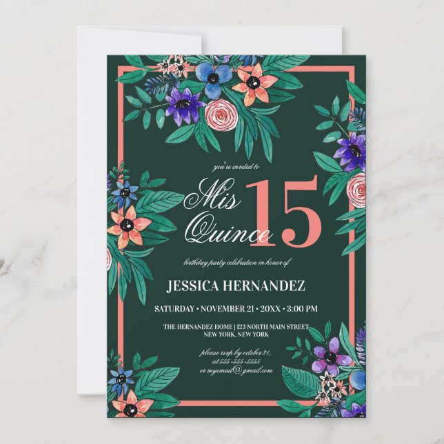 Invitación Coral verde jungla Floral acuarela Quinceañera (Anverso)