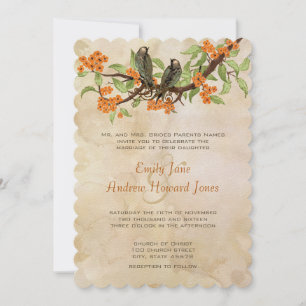 Invitación Coral Vintage Love Birds Tea Stain Wedds