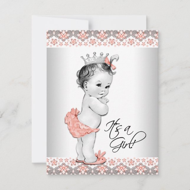 Invitación Coral vintage y ducha de bebé gris (Anverso)