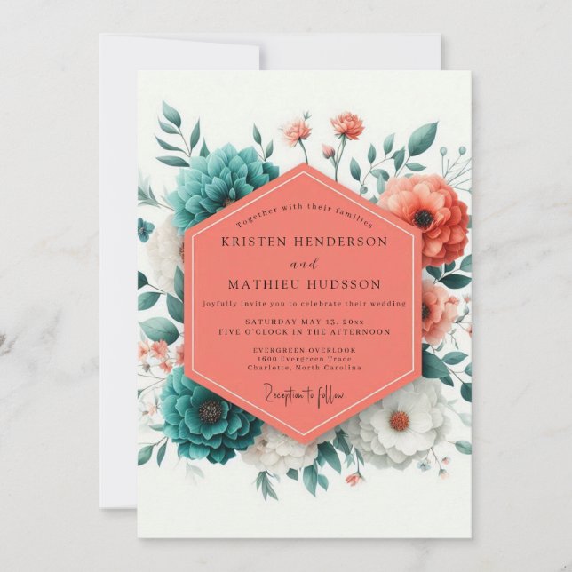 Invitación Coral Viridian Artful Bloom Wedding (Anverso)