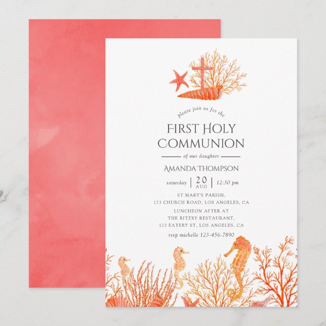 Invitación Coral vivo bajo el mar Primera Comunión (Anverso / Reverso)