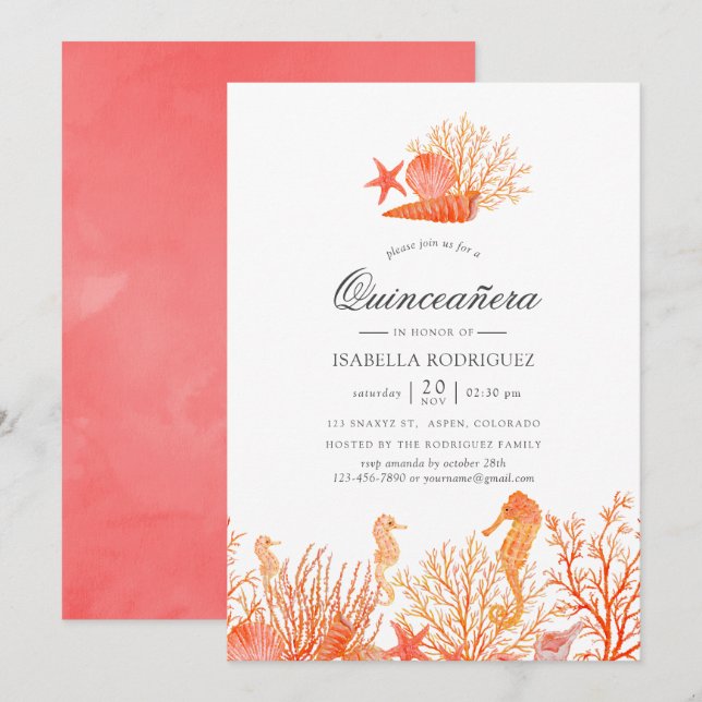 Invitación Coral vivo bajo el mar Quinceañera (Anverso / Reverso)