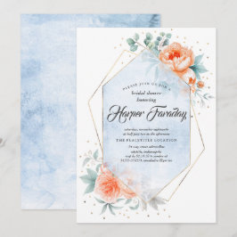 Invitación Coral vivo y ducha de novia con flores azules y tu