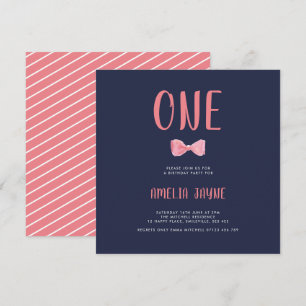 Invitación Coral Watercolor Bow Primera fiesta de cumpleaños