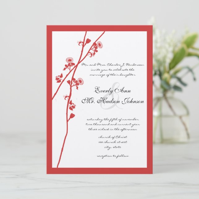 Invitación Coral Wild Flower Branch Wedding Invitation (Anverso de pie)