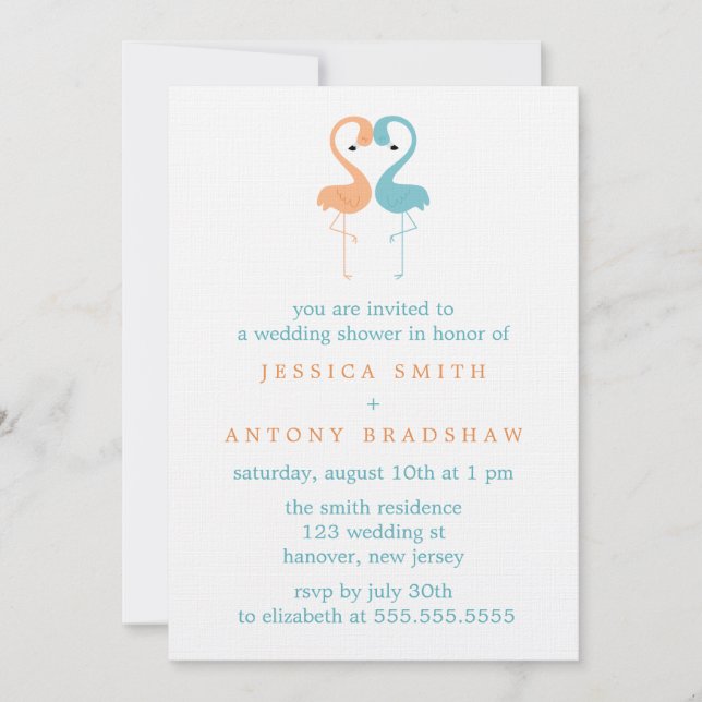 Invitación Coral y Aqua Flamingos Parejas Ducha de matrimonio (Anverso)