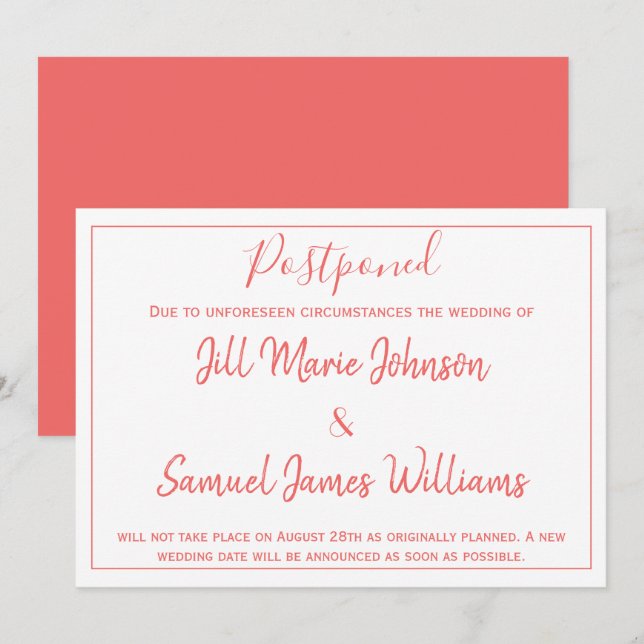 Invitación Coral y blanco Boda encantadores pospuestos (Anverso / Reverso)