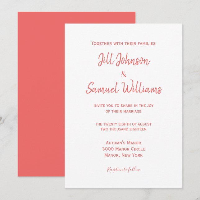 Invitación Coral y blanco sencillo y elegante (Anverso / Reverso)
