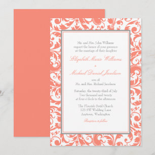 Invitación Coral y boda gris del damasco del remolino