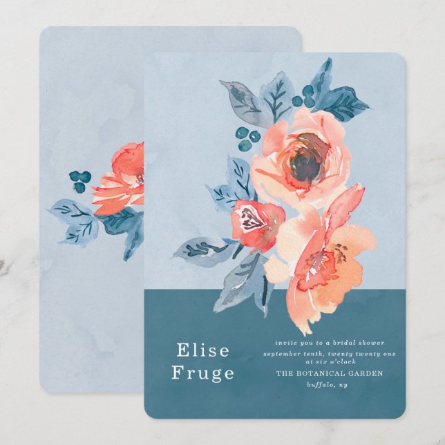 Invitación Coral y Duste Blue Floral Boho Bridal Shower (Anverso / Reverso)