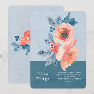 Invitación Coral y Duste Blue Floral Boho Bridal Shower