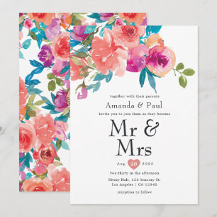 Invitación Coral y Fandango Floral Señor y Señora Boda