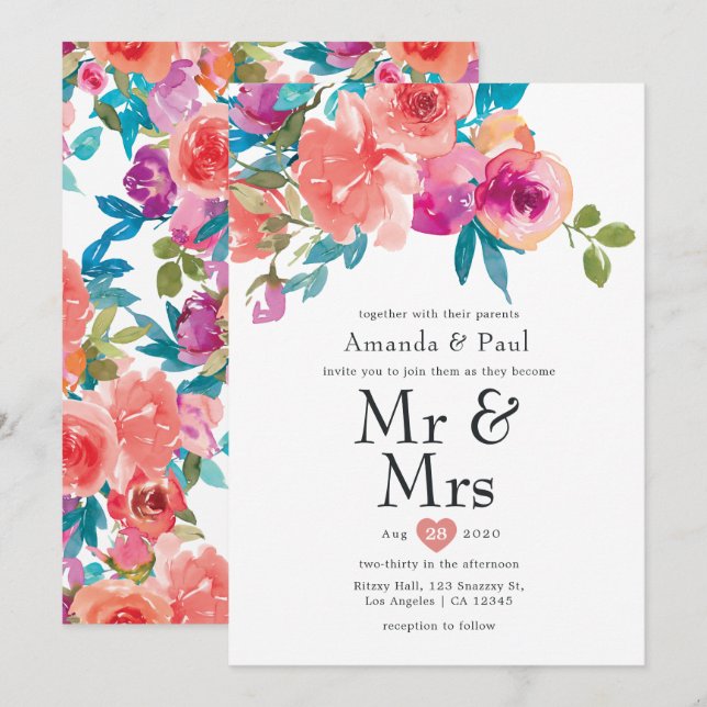 Invitación Coral y Fandango Floral Sr. y Sra. Boda (Anverso / Reverso)