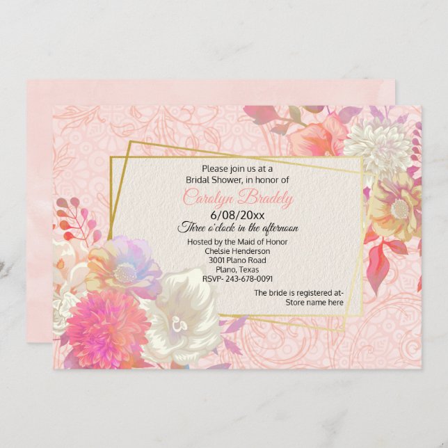 Invitación Coral y Flory Floral Bridal Shower (Anverso / Reverso)