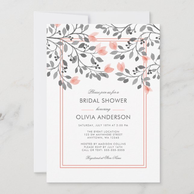Invitación Coral y gris floral acuática ducha de novias (Anverso)