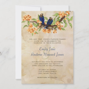 Invitación Coral y marina Vintage Love Birds Tea Stain