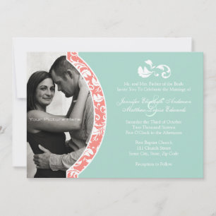 Invitación Coral y Mint Damask Photo Boda