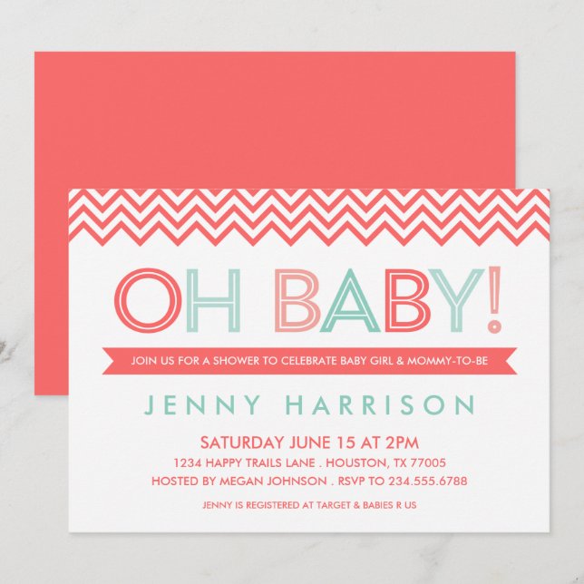 Invitación Coral y Mint Modern Chevron Baby Shower (Anverso / Reverso)