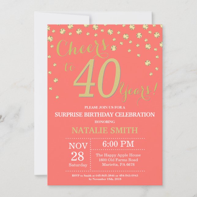 Invitación Coral y oro sorprenden 40 cumpleaños Diamante (Anverso)