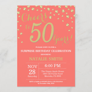 Invitación Coral y oro Sorpresa 50.º Diamante de Cumpleaños