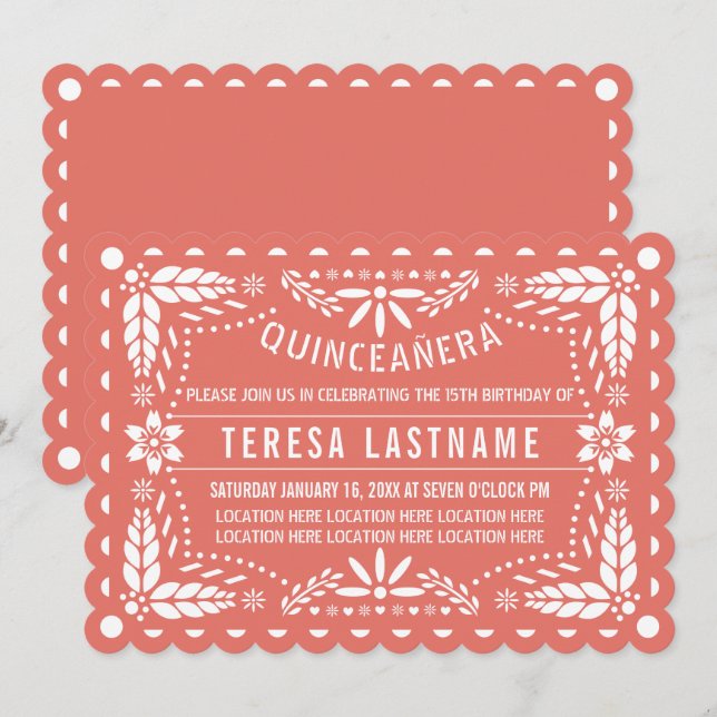 Invitación Coral y papel picado blanco Quinceañera (Anverso / Reverso)