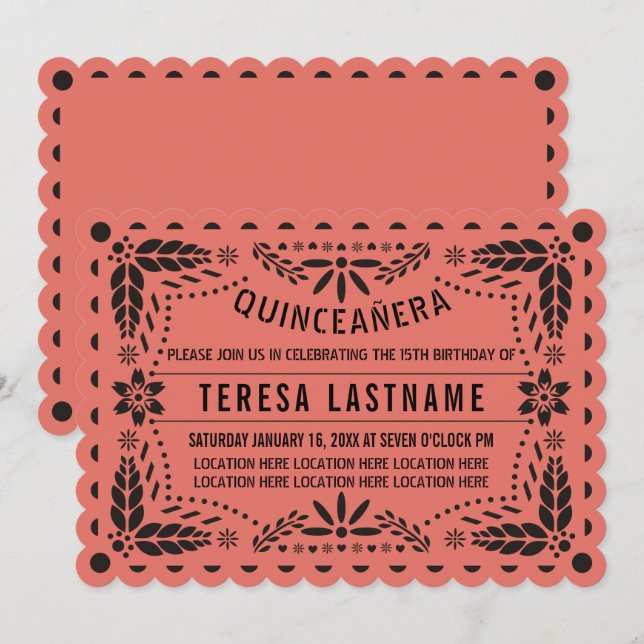 Invitación Coral y papel picado negro Quinceañera (Anverso / Reverso)