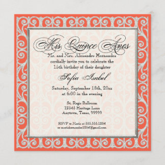 Invitación Coral y plata, diamantes y cordón, membrillo Anos