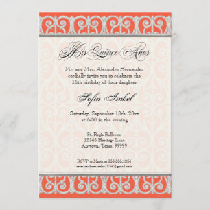 Invitación Coral y Plata, Diamantes y encaje, Mis Quince Anos