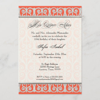Invitación Coral y Plata, Diamantes y encaje, Mis Quince Anos