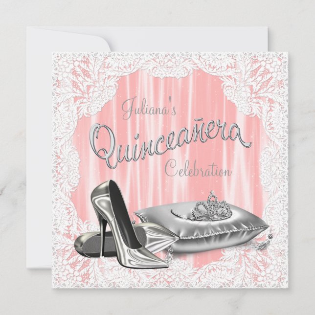 Invitación Coral y Quinceanera gris (Anverso)