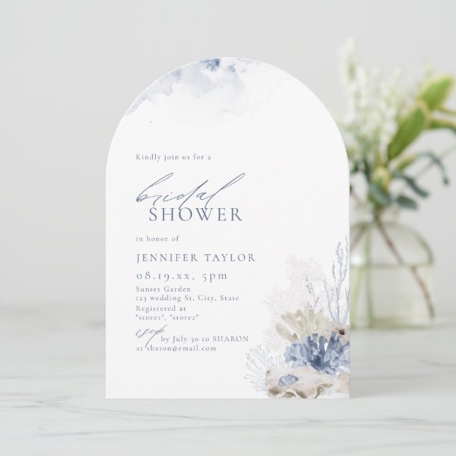 Invitación Corales azules y conchas de mar temática playa Duc (Anverso de pie)