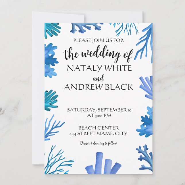 Invitación Corales marinos azules acuarela (Anverso)