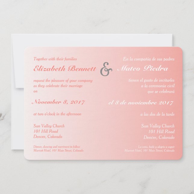 Invitación coralina bilingüe de la boda de Ombre (Anverso)